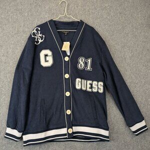 GUESS Womens Medium Navy Blue Fleece Varsity Cardigan Raquelle Button NWT